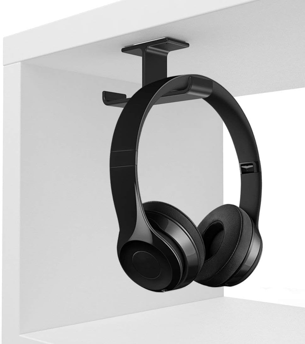 Dual Headphone Hanger Stand for Under Desk, Aluminum Adhesive and Screw-Mount Headset Hook, Space-Saving PC Gaming Accessory for All Headphones, Black