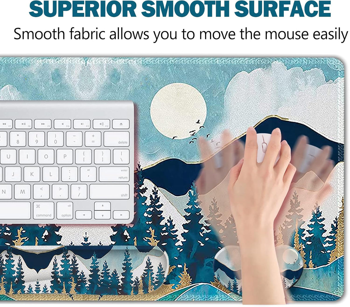 Multifunctional Large Gaming Mouse Pad Set with Keyboard Wrist Rest, Mouse Wrist Cushion, Extended Mousepad, and Coaster - 35x15.5 Inches, Abstract Mountain Design