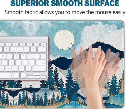 Multifunctional Large Gaming Mouse Pad Set with Keyboard Wrist Rest, Mouse Wrist Cushion, Extended Mousepad, and Coaster - 35x15.5 Inches, Abstract Mountain Design