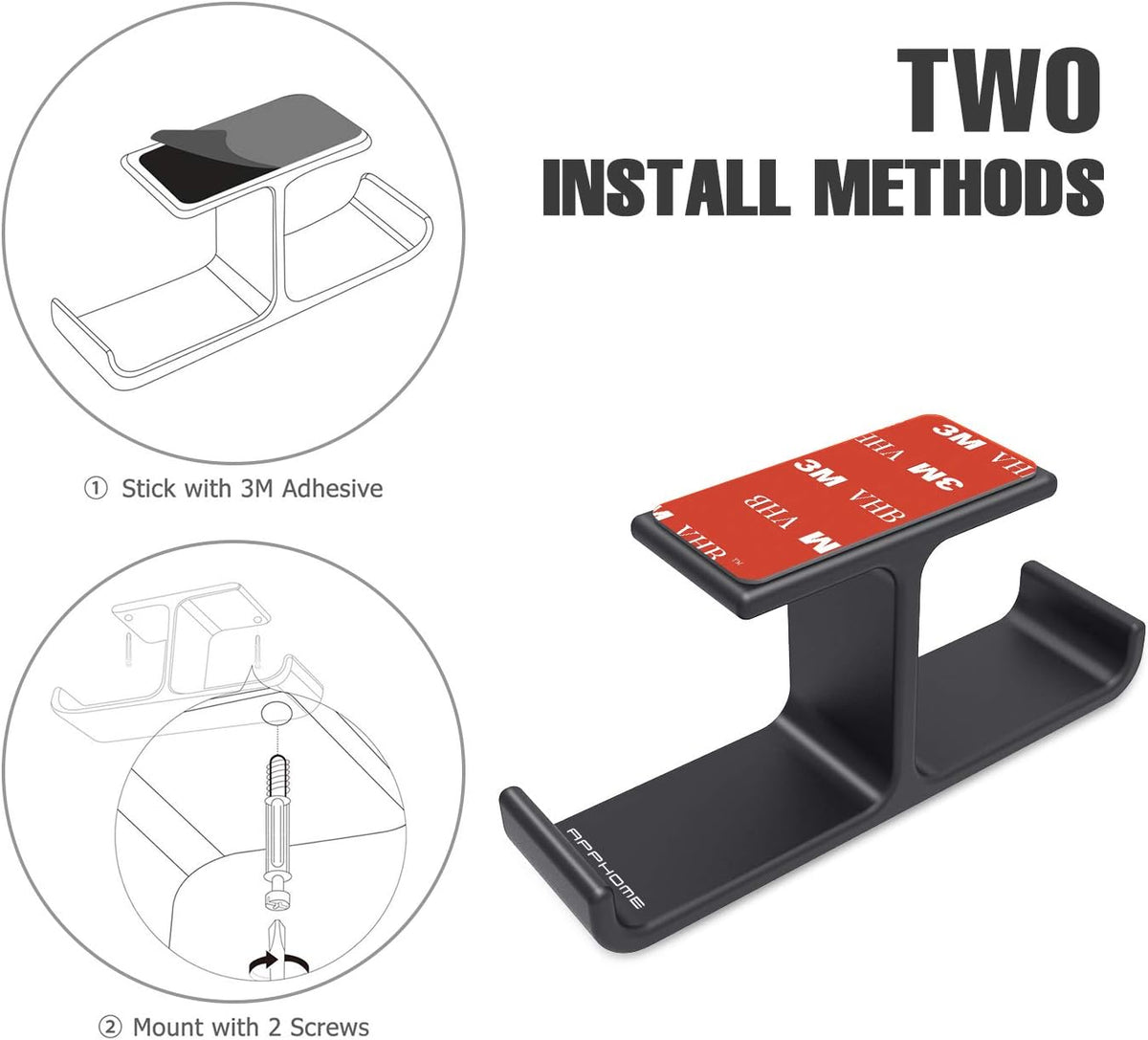 Dual Headphone Hanger Stand for Under Desk, Aluminum Adhesive and Screw-Mount Headset Hook, Space-Saving PC Gaming Accessory for All Headphones, Black