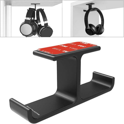 Dual Headphone Hanger Stand for Under Desk, Aluminum Adhesive and Screw-Mount Headset Hook, Space-Saving PC Gaming Accessory for All Headphones, Black