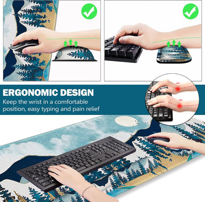 Multifunctional Large Gaming Mouse Pad Set with Keyboard Wrist Rest, Mouse Wrist Cushion, Extended Mousepad, and Coaster - 35x15.5 Inches, Abstract Mountain Design