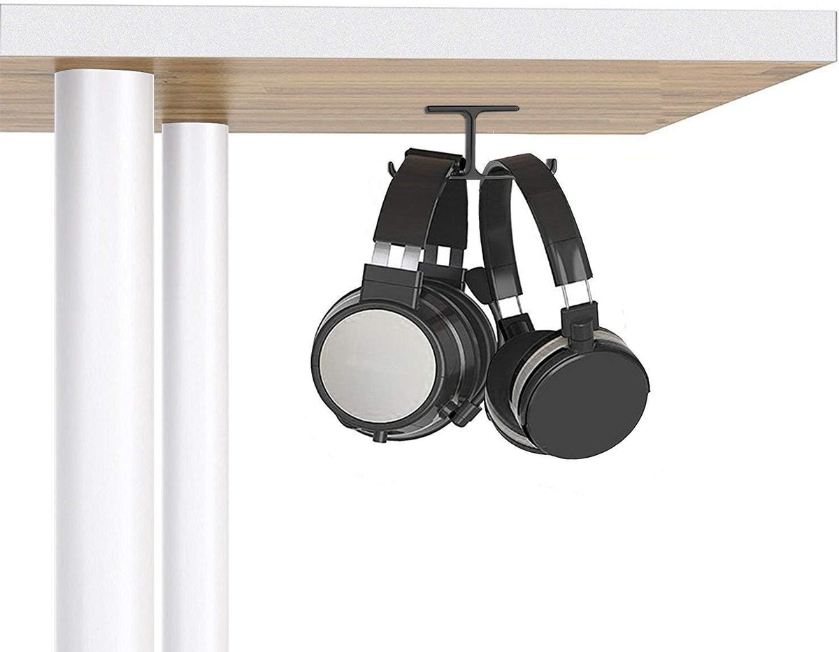 Dual Headphone Hanger Stand for Under Desk, Aluminum Adhesive and Screw-Mount Headset Hook, Space-Saving PC Gaming Accessory for All Headphones, Black