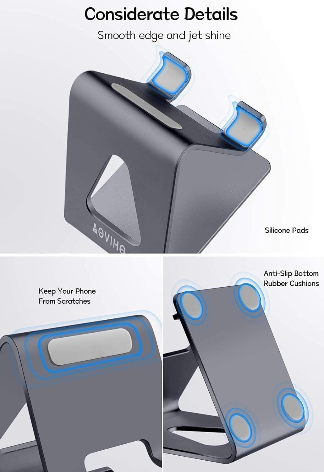 Aluminum Mobile Phone Stand and Desk Holder for iPhone and Samsung Smartphones, Dark Gray