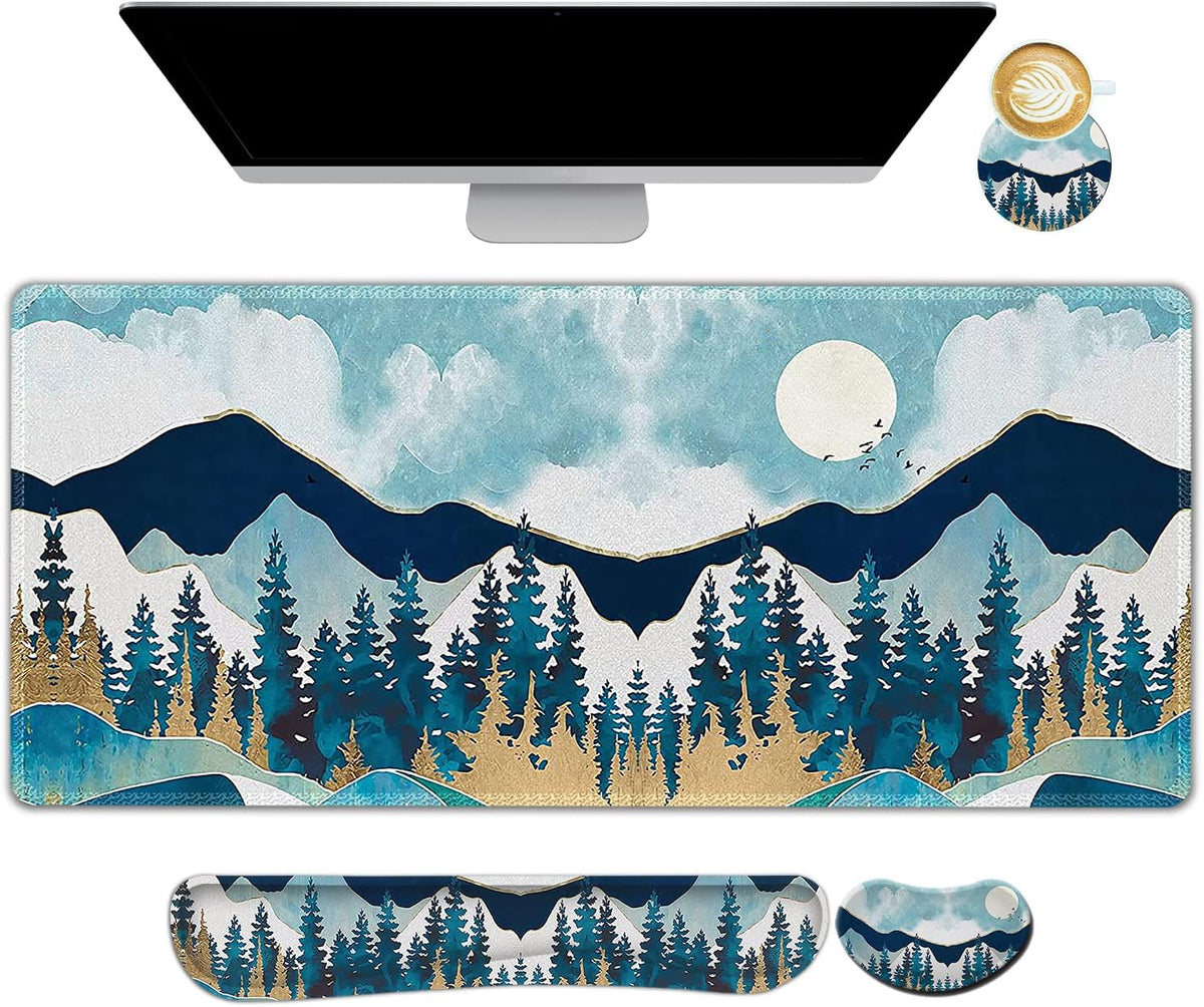 Multifunctional Large Gaming Mouse Pad Set with Keyboard Wrist Rest, Mouse Wrist Cushion, Extended Mousepad, and Coaster - 35x15.5 Inches, Abstract Mountain Design