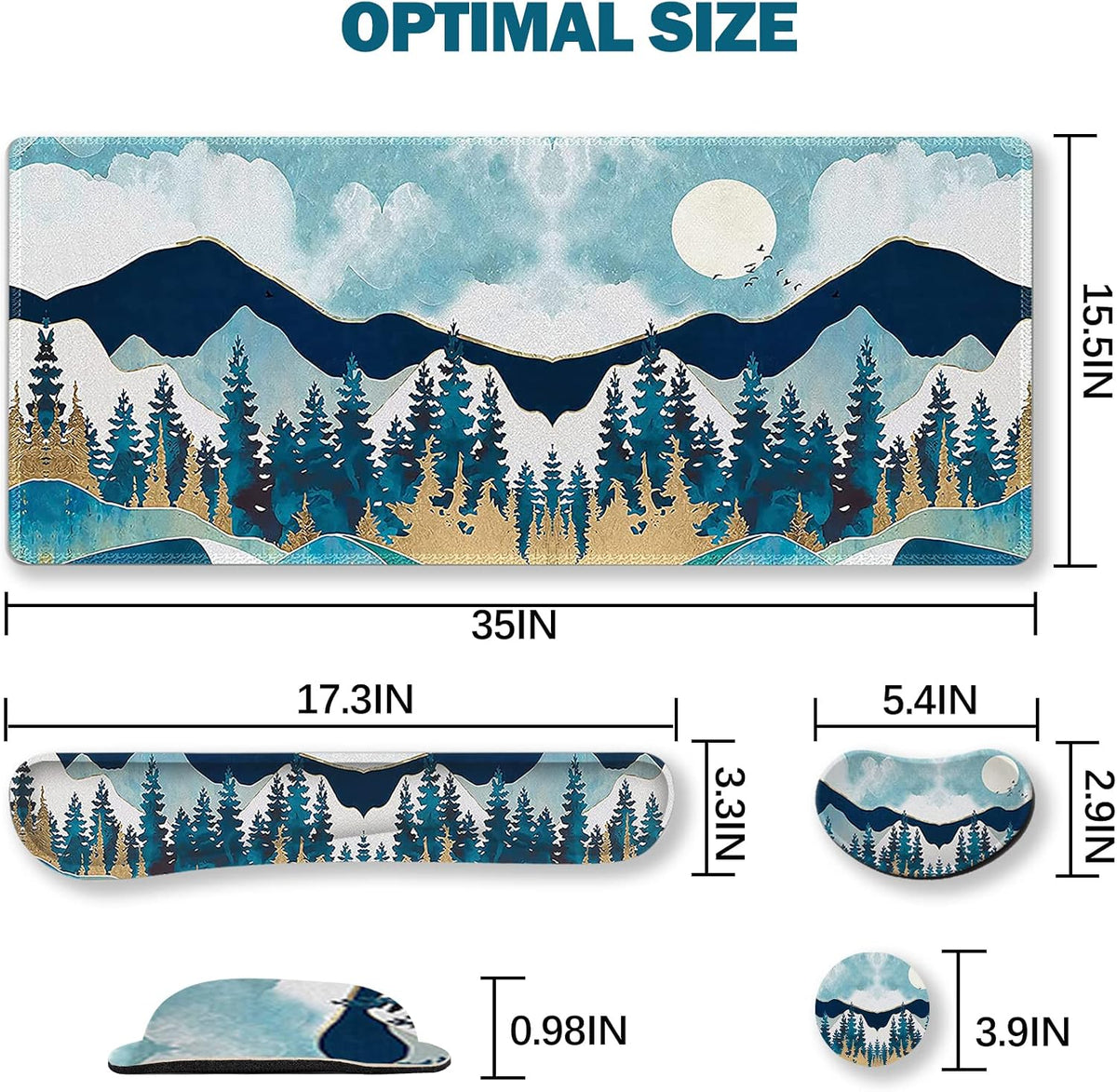 Multifunctional Large Gaming Mouse Pad Set with Keyboard Wrist Rest, Mouse Wrist Cushion, Extended Mousepad, and Coaster - 35x15.5 Inches, Abstract Mountain Design