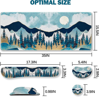 Multifunctional Large Gaming Mouse Pad Set with Keyboard Wrist Rest, Mouse Wrist Cushion, Extended Mousepad, and Coaster - 35x15.5 Inches, Abstract Mountain Design