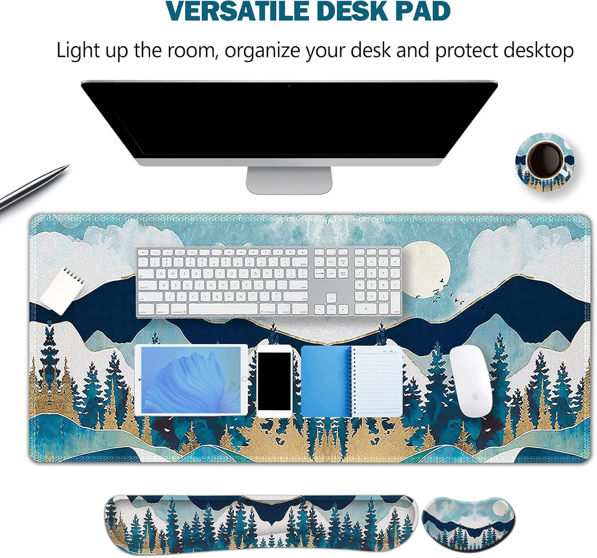 Multifunctional Large Gaming Mouse Pad Set with Keyboard Wrist Rest, Mouse Wrist Cushion, Extended Mousepad, and Coaster - 35x15.5 Inches, Abstract Mountain Design