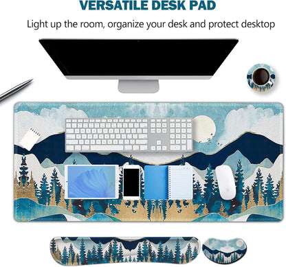 Multifunctional Large Gaming Mouse Pad Set with Keyboard Wrist Rest, Mouse Wrist Cushion, Extended Mousepad, and Coaster - 35x15.5 Inches, Abstract Mountain Design